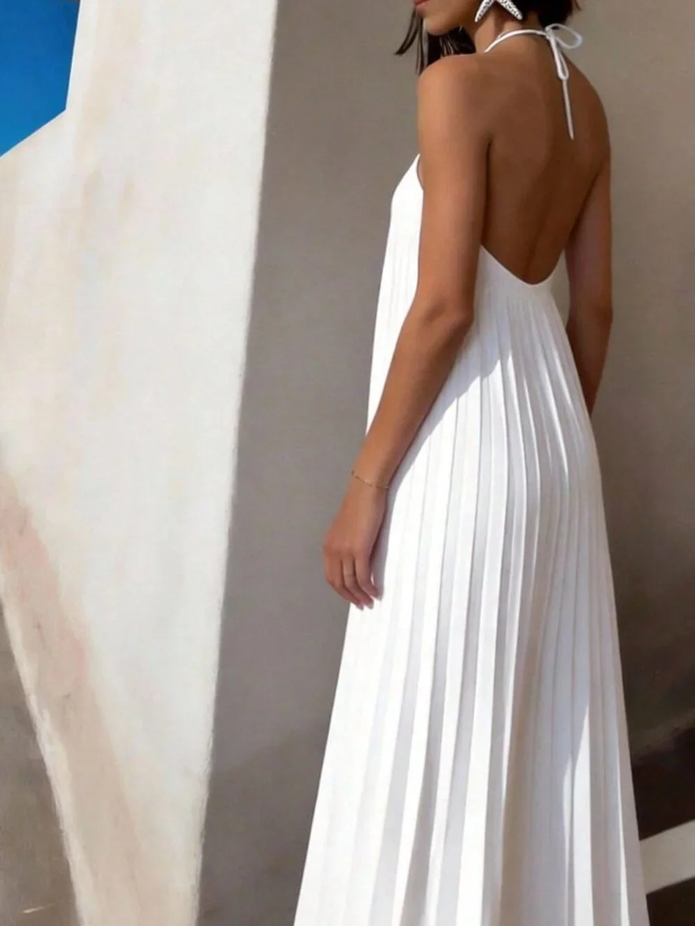 White Elegant Women's Pleated Halter Neck Maxi Dress - Picture 2 of 11